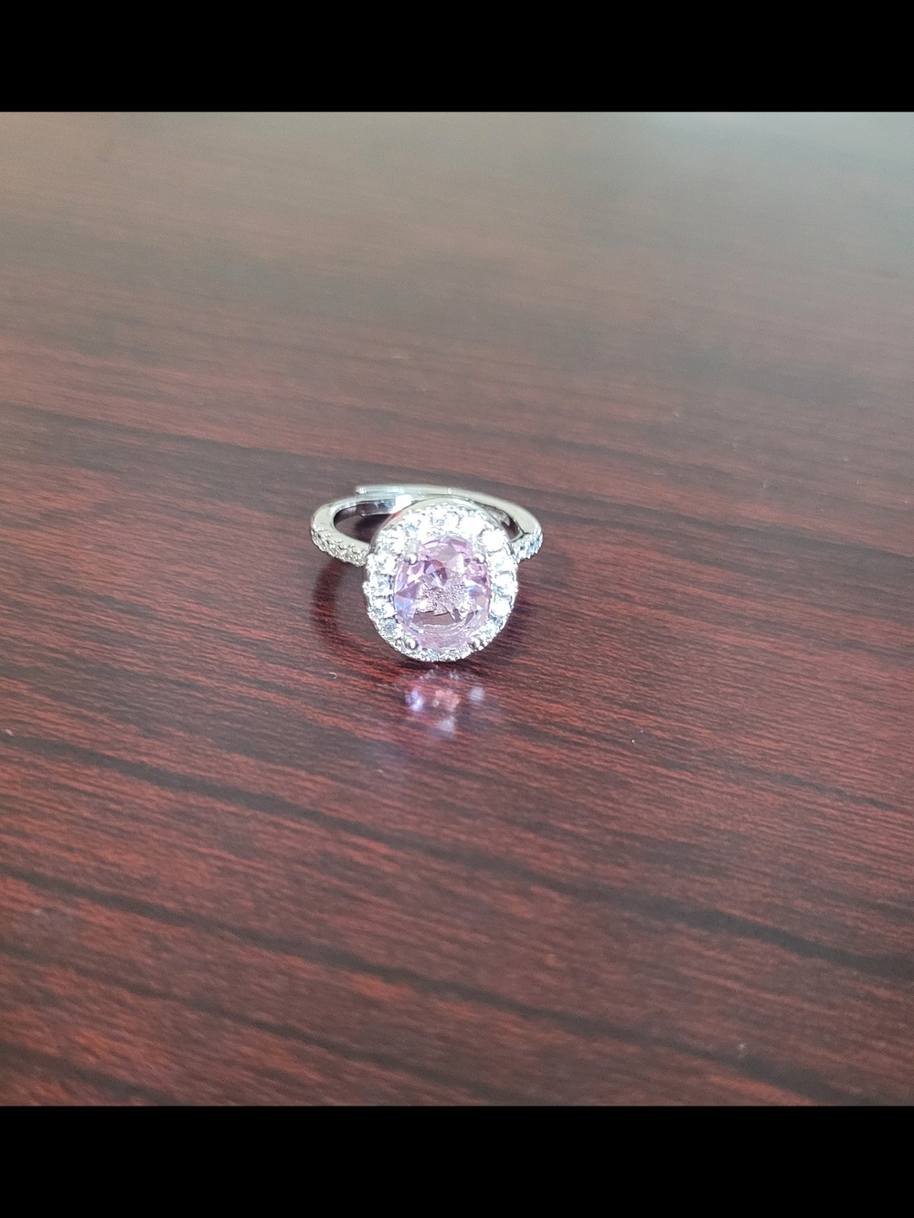 Pink Cushion Halo Ring in Silver Tone